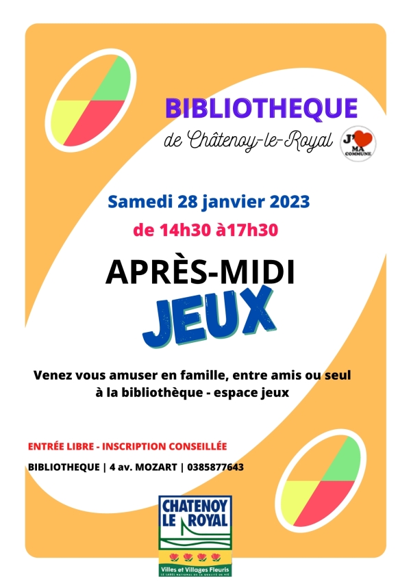 Après-midi jeux à la bibliothèque de Châtenoy le Royal samedi 28 janvier 2023  de 14h30 à 17h30