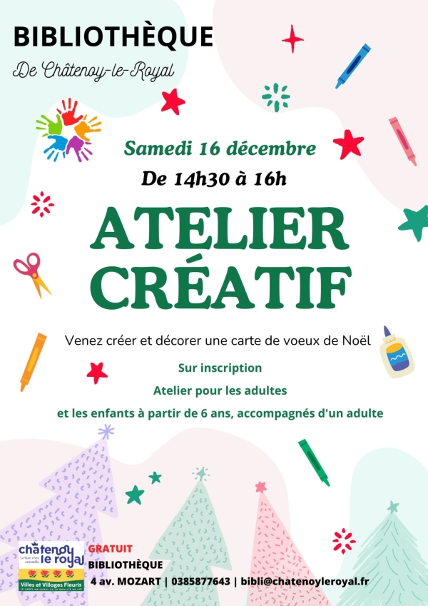 Bibliothèque Châtenoy le Royal : Atelier créatif samedi 16 décembre 2023 de 14h30 à 16h30
