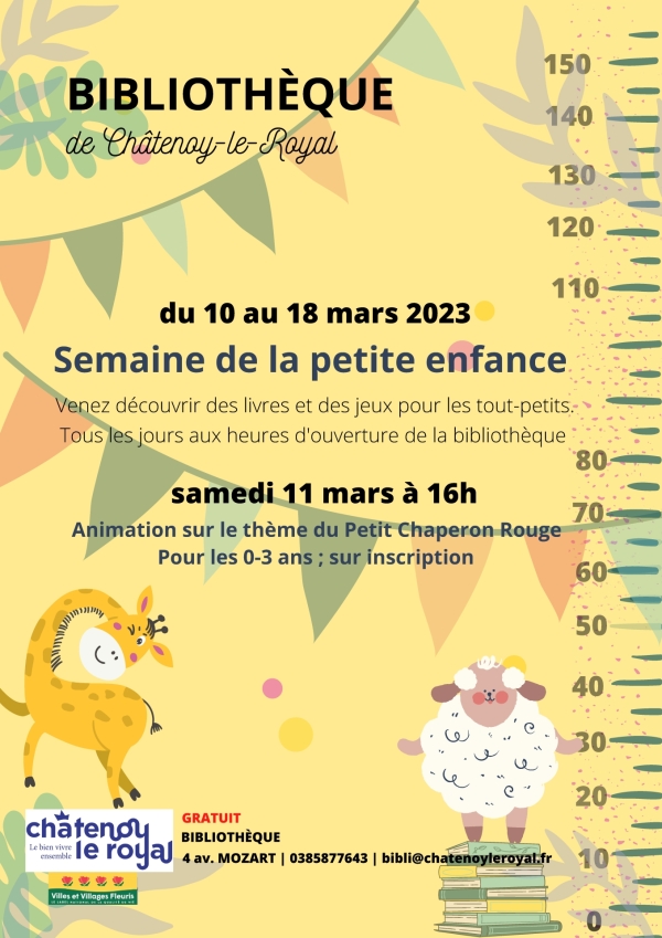 Châtenoy le Royal, Bibliothèque : Semaine de la petite enfance du 10 au 18 mars 2023 avec samedi 11 mars à 16h Animation sur le thème du Petit Chaperon Rouge pour les 0-3 ans