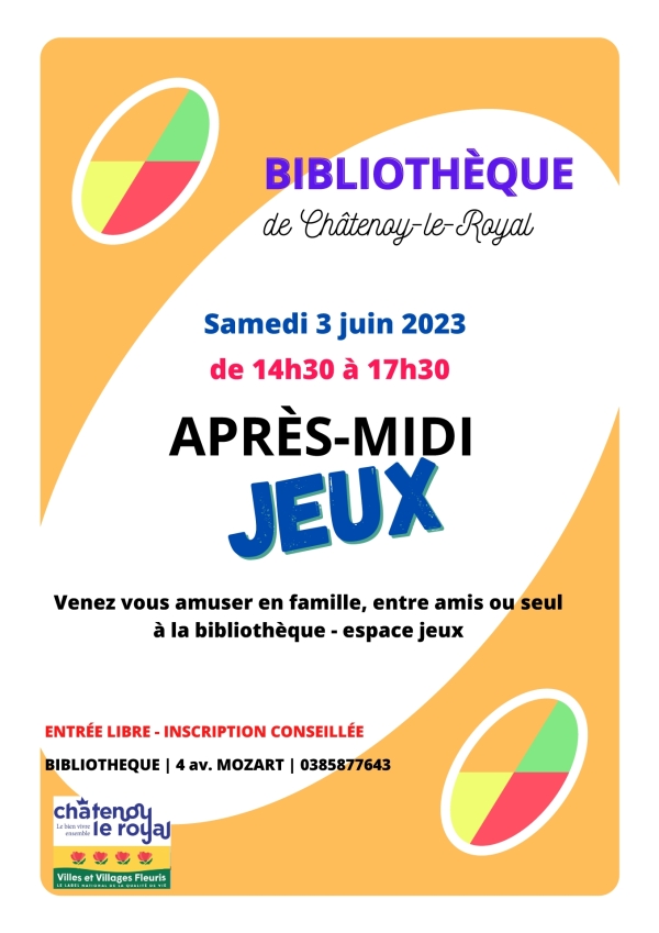 La bibliothèque de Châtenoy le Royal propose un après-midi jeux de 14h30 à 17h30 le samedi 3 juin 2023