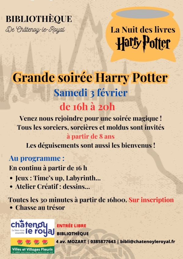 La Bibliothèque de Châtenoy le Royal organise une Grande soirée Harry Potter samedi 3 février de 16h00 à 20h00.
