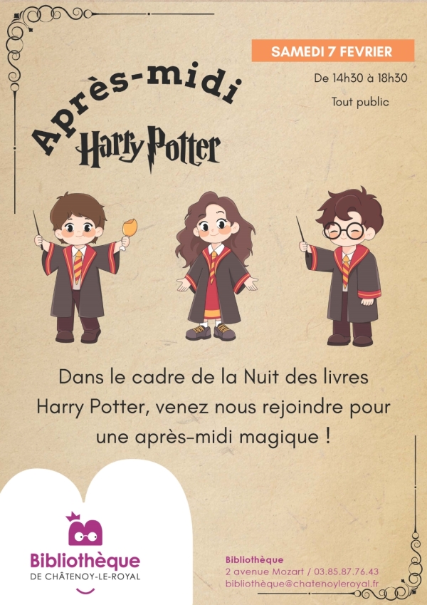 Bibliothèque Châtenoy le Royal : Après-midi "Harry Potter" samedi 7 février de 14h30 à 18h30.