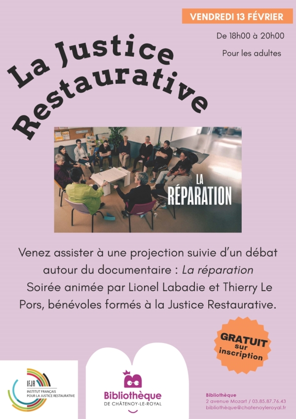 Bibliothèque de Châtenoy le Royal : "La Justice restaurative" projection/débat vendredi 13 février à 18h00.