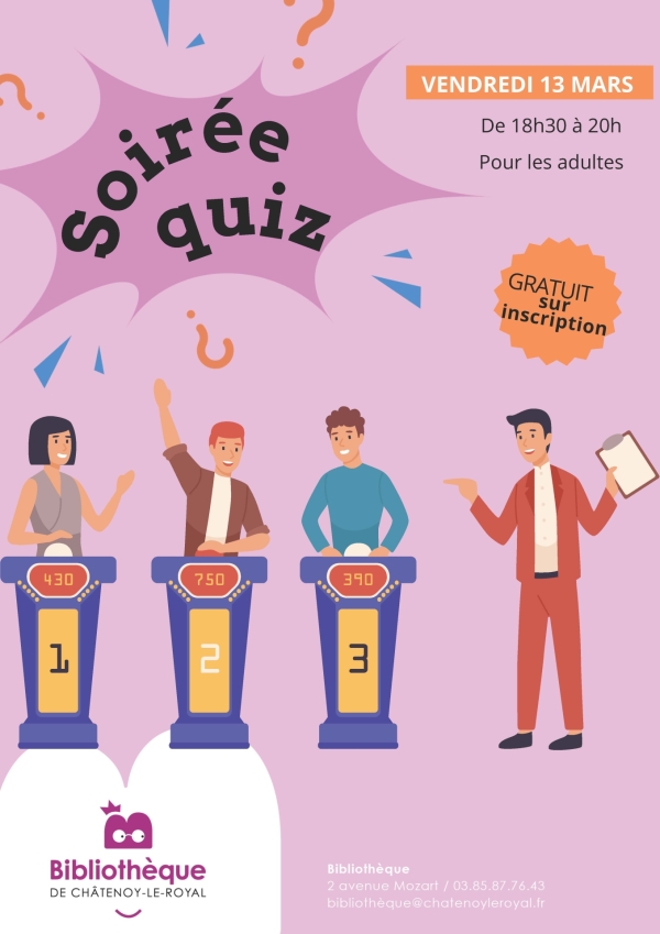 Bibliothèque Châtenoy le Royal : Soirée" Quiz" adultes vendredi soir 13 mars de 18h30 à 20h00