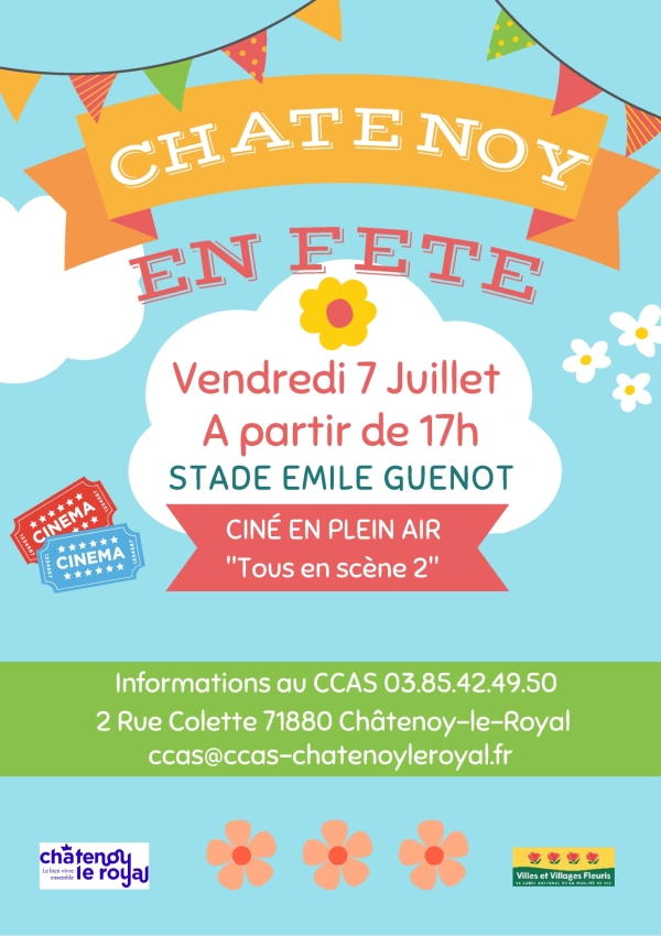 Châtenoy en fête fait son cinéma en plein air le 7 juillet à partir de 17h00 au stade Emile Guénot derrière la salle des fêtes.