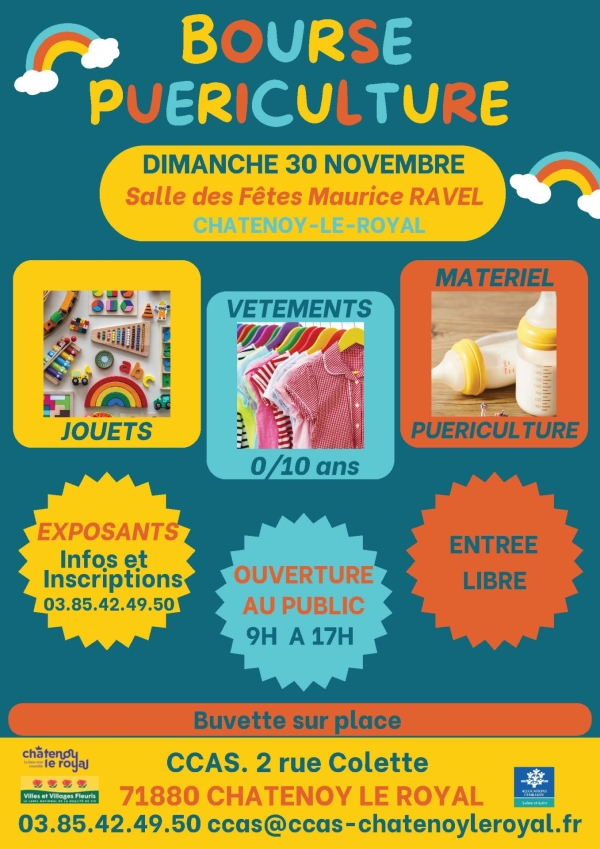  Châtenoy le Royal : bourse à la puériculture dimanche 30 novembre de 9 heures à 17 heures salle des fêtes.
