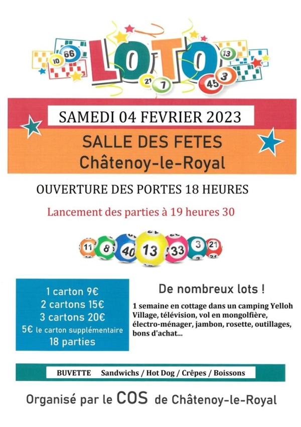  LOTO samedi 4 Février à la salle des fêtes de Châtenoy le Royal organisé par le COS 