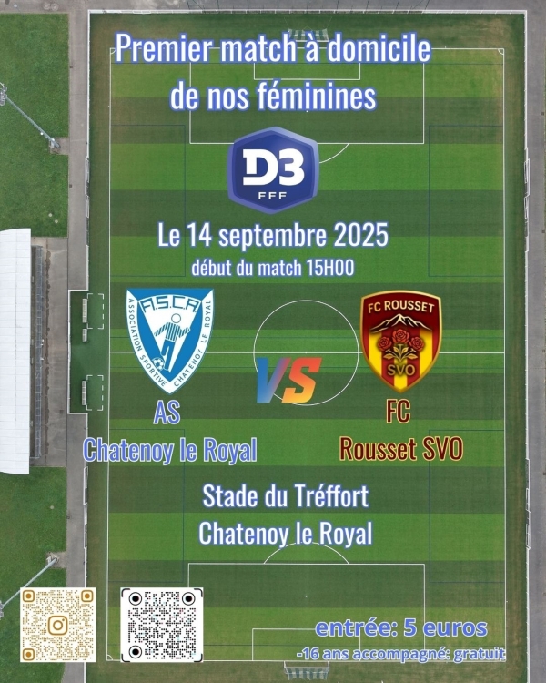 Premier match à domicile pour l'équipe féminine D3 ASCR : Dimanche 14 septembre à 15h00 au complexe du Treffort de Châtenoy le Royal.