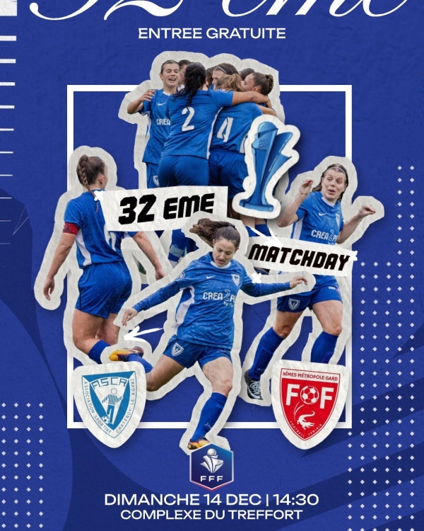  Châtenoy le Royal : ASCR / NIMES métropole Gard, match 32ème de finale de coupe de France  dimanche 14 décembre au stade du Treffort à 14h30.