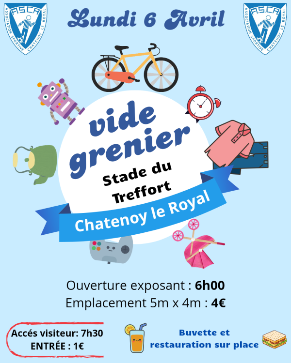 Châtenoy le Royal : vide-grenier organisé par l’ASCR stade du Treffort lundi 6 avril 2026