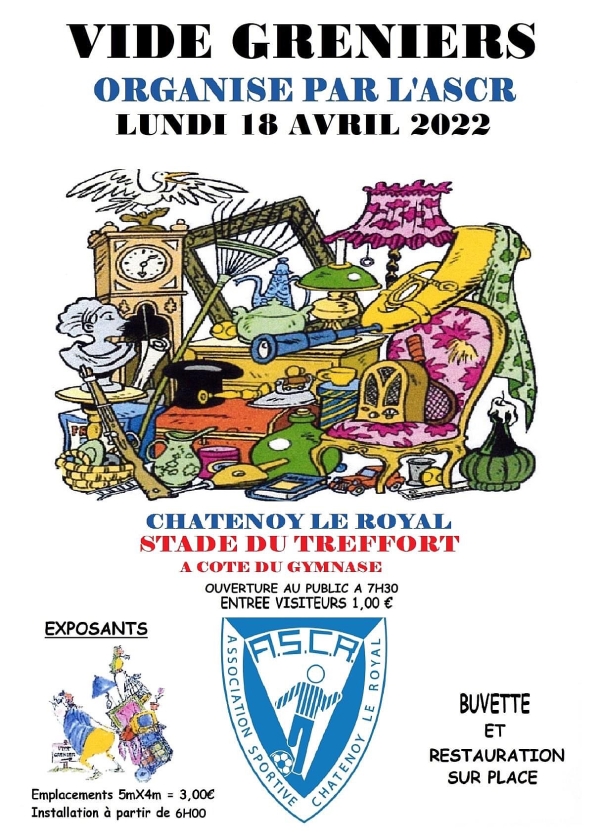 Châtenoy le Royal : L'ASCR organise un vide grenier lundi 18 avril 2022 au stade du Treffort à côté du gymnase