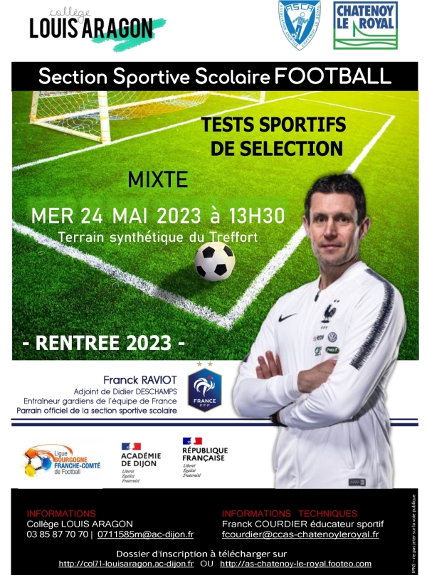 Section Sportive Scolaire Foot de Châtenoy le Royal Tests sportifs de sélection mixte mercredi 23 mai 2023 à 13h30 terrain synthétique du Treffort