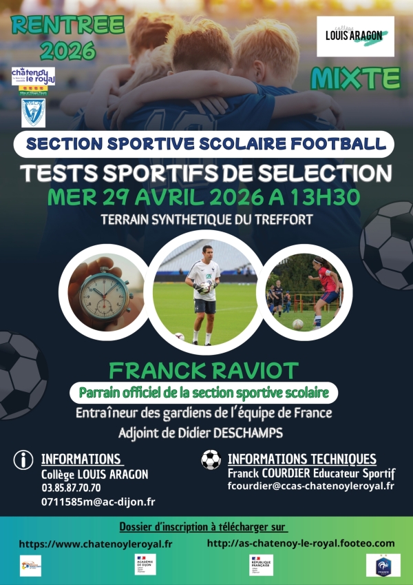  Collège Aragon Châtenoy le Royal : section sportive scolaire Football tests sportifs  de sélection pour la rentrée 2026-2027