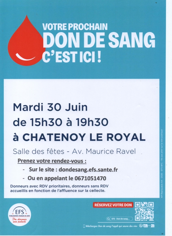  Prochaine collecte de sang le 30 juin de 15h30 à 19h30 salle Maurice Ravel à Châtenoy le Royal