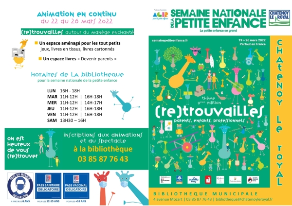 Semaine nationale de la petite enfance animations à la bibliothèque de Châtenoy le Royal du 22 au 26 mars 2022.