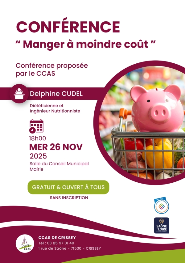 Crissey : Conférence proposée par le CCAS sur "Manger à moindre coût" mercredi 26 novembre salle du conseil.