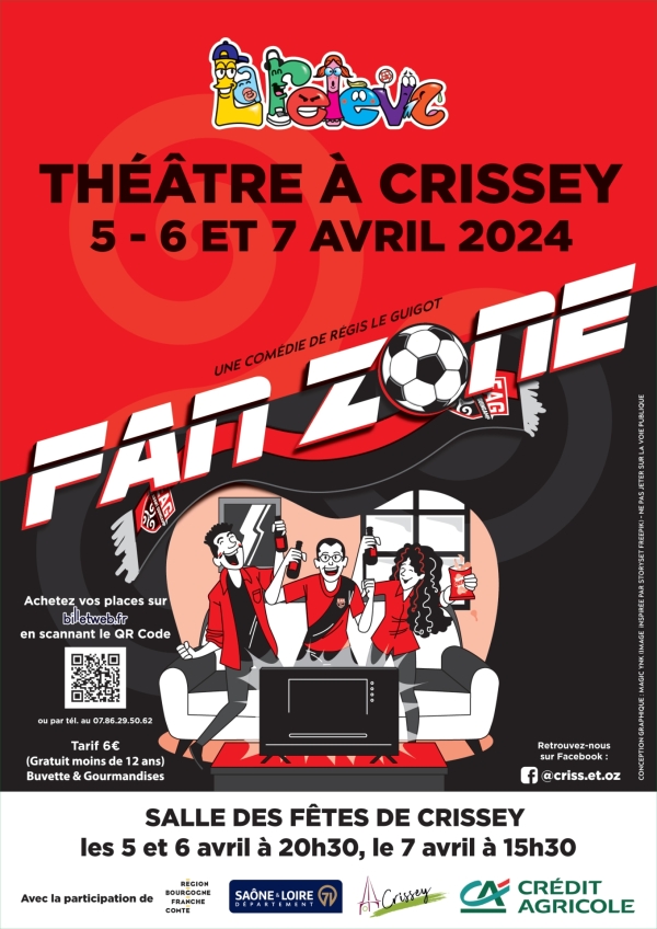 L'association "Criss&Oz" via sa troupe "ado" (jeunes de 10 à 18 ans), "la relève" va présenter sa pièce "Fan Zone", les 5 et 6 avril à 20h30 et le 7 avril à 15h30. à la salle des Fêtes de Crissey.