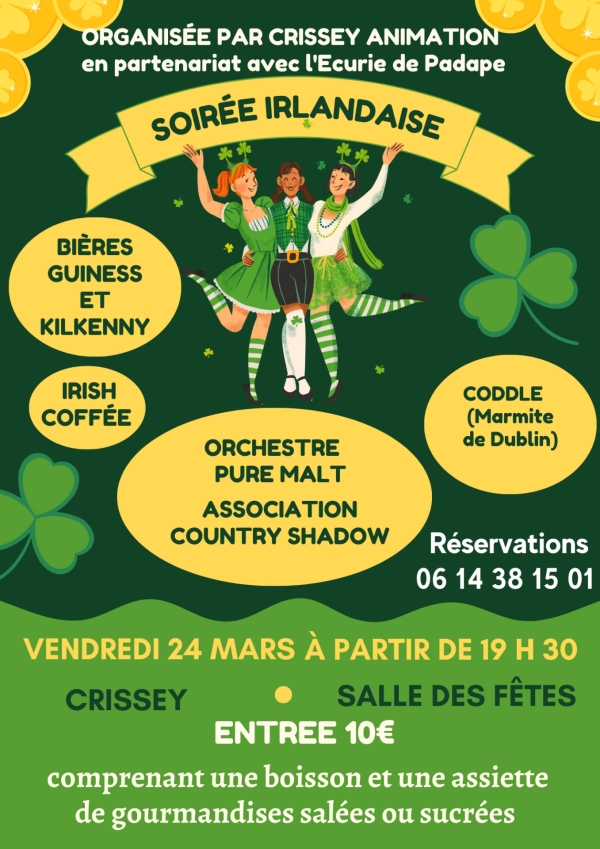 Soirée irlandaise vendredi 24 mars à partir de 19h30 à la salle des fêtes de Crissey.