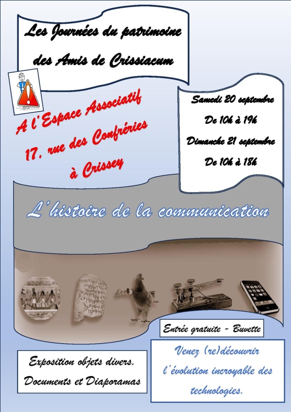  Crissey : Les Amis de Crissiacum organisent leurs journées du patrimoine le samedi 20 et dimanche 21 septembre à L’Espace Associatif 