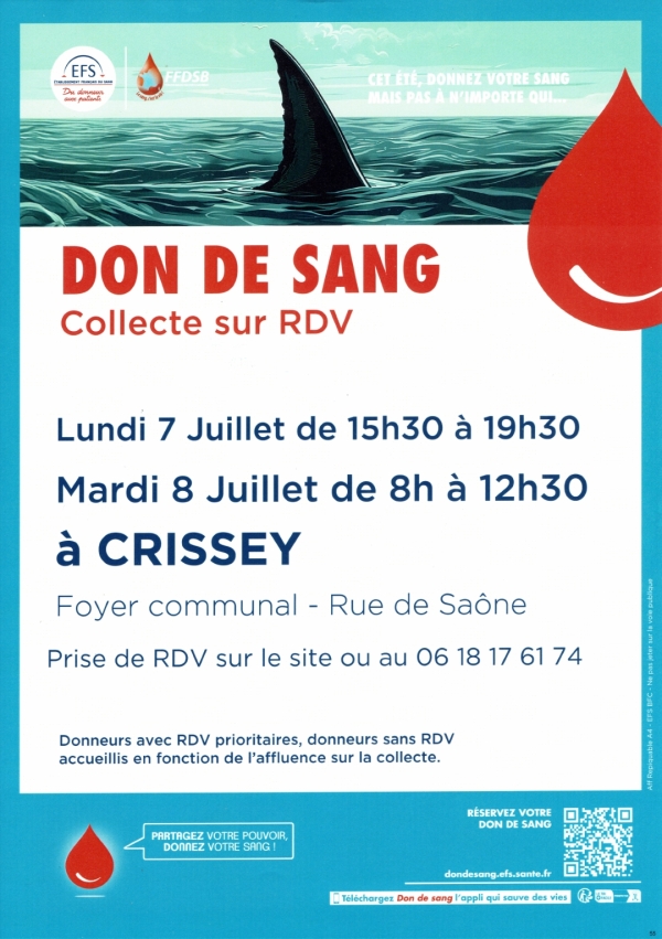 Crissey : Collecte de sang lundi 07 et mardi 08 juillet 2025