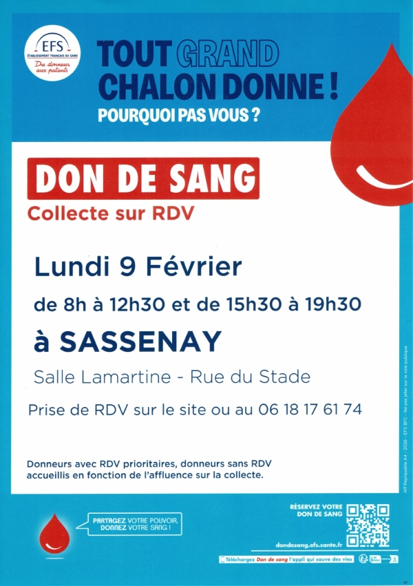  Amicale inter-villages pour le don de sang de Crissey : première collecte  2026  lundi 9 février salle Lamartine de SASSENAY de 8h00 à 12h30 et de 15h30 à 19h30.
