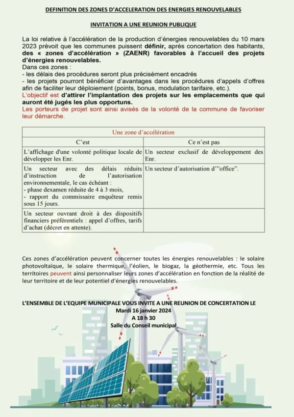 Zone d'accélération des énergies renouvelables - Réunion publique à Crissey mardi 16 janvier 2024 à 18h30.