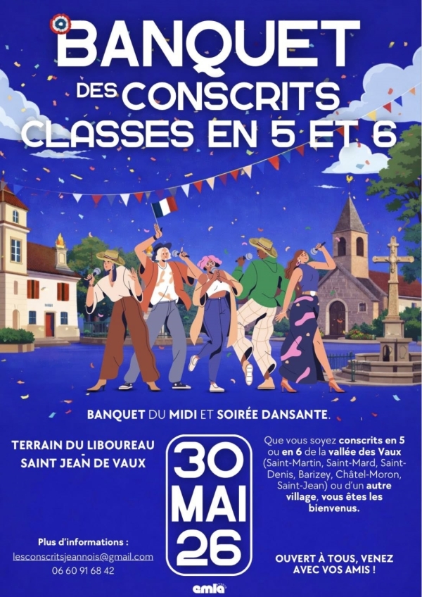 Saint Jean de Vaux : Inscription  Banquet des conscrits Vallijeannois 2026 avant le 18 avril.