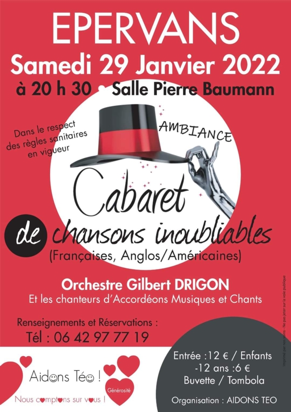 L’orchestre de Gilbert Drigon et  ̏Accordéons Musiques et Chants˝ donnent un concert le samedi 29 janvier 2022 à 20h30 à la salle Pierre Baumann d’Epervans pour l’action menée par l’association  ̏Aidons Téo˝ 