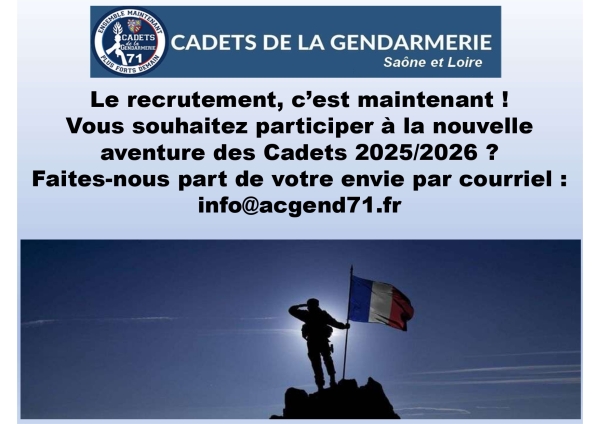 Cadets de la Gendarmerie : recrutement des Cadets pour 2025/2026.