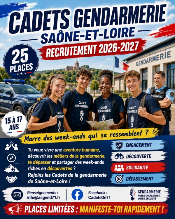 Cadets  Gendarmerie Saône et Loire - Recrutement 2026/2027.