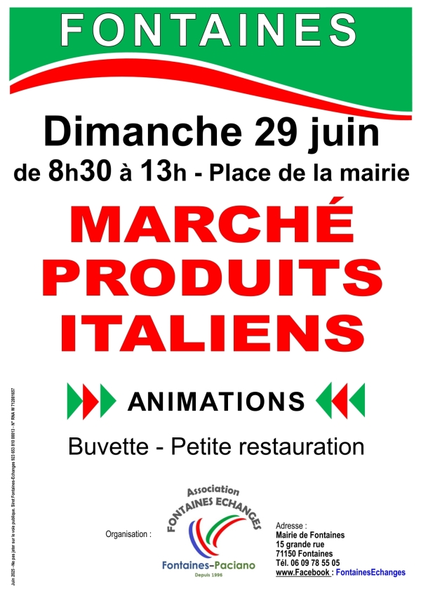 Marché italien organisé par "Fontaines Echanges" dimanche 29 juin 2025. à partir de 8h30 place de la mairie à Fontaines.