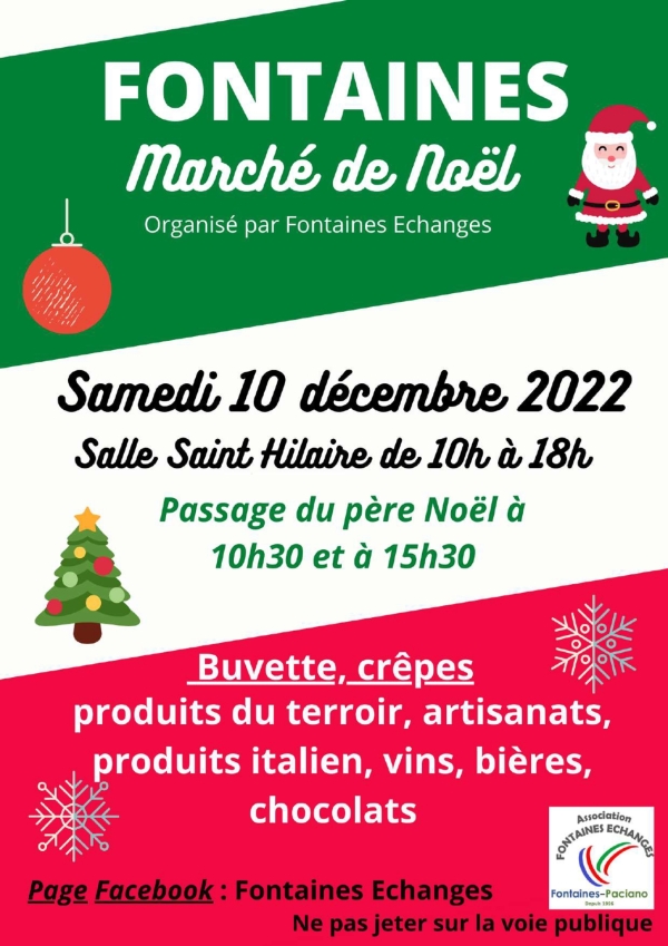 Fontaines Echanges organise son marché de Noël samedi 10 décembre à la salle St Hilaire de Fontaines de 10h00 à 18h00