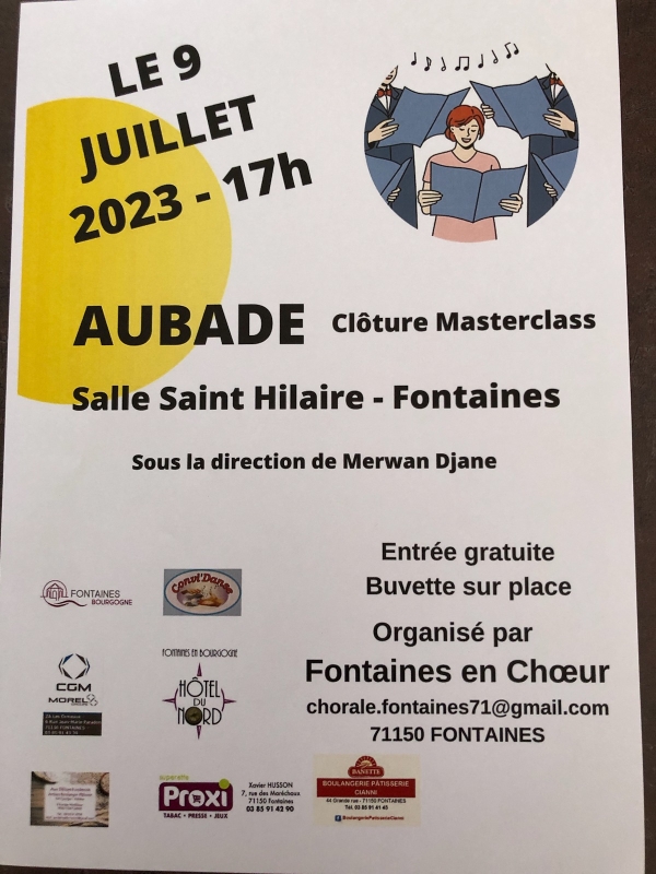Fontaines : Aubade clôture master class organisé par "Fontaines en chœur" le 9 juillet à 17h00 salle St Hilaire