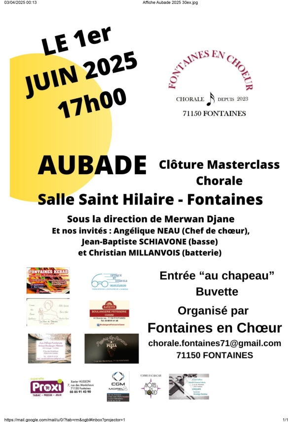 La chorale "Fontaines en Chœur" donne une aubade de cloture masterclass dimanche 1er juin à 17h00 salle Saint Hilaire à Fontaines