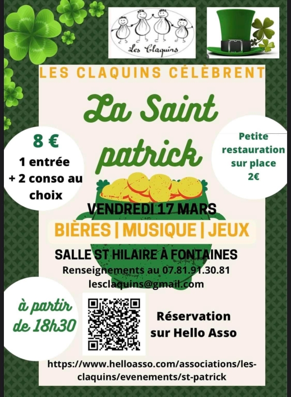 Fontaines : Les Claquins célèbrent Saint Patrick le vendredi 17 mars 2023 à partir de 18h30 à la salle Saint Hilaire