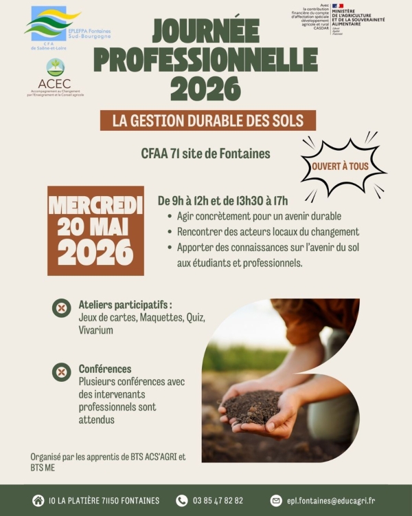  Lycée Agricole de Fontaines -  Les étudiants-apprentis en BTS ACS’Agri et ME organisent une journée professionnelle mercredi 20 mai, de 9h à 16h.