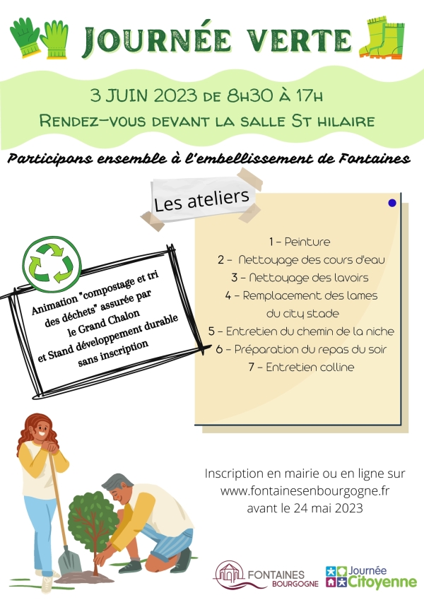 Fontaines organise sa journée verte le 3 juin 2023 de 8h30  à 17h00 - Rendez-vous salle Saint Hilaire.