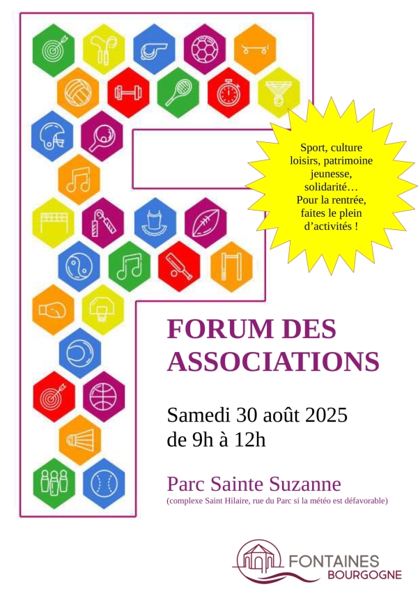 Fontaines : Forum des associations samedi 30 août Parc Sainte Suzanne de 9h00 à 12h00