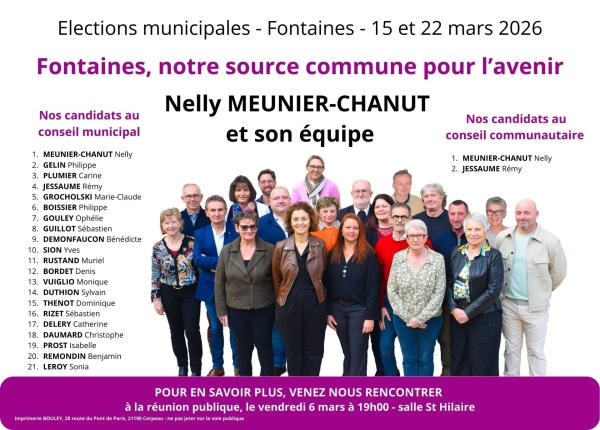 Municipales 2026 - Fontaines -  "Fontaines, notre source commune pour l’avenir" convie les habitants à une réunion publique le vendredi 6 mars à 19h00, salle Saint Hilaire.
