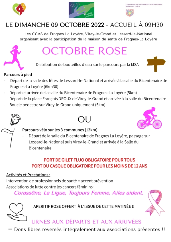 Les CCAS de Fragnes la Loyère, Virey le Grand et Lessard le national organisent Octobre rose le dimanche 9 octobre à partir de 9h30.