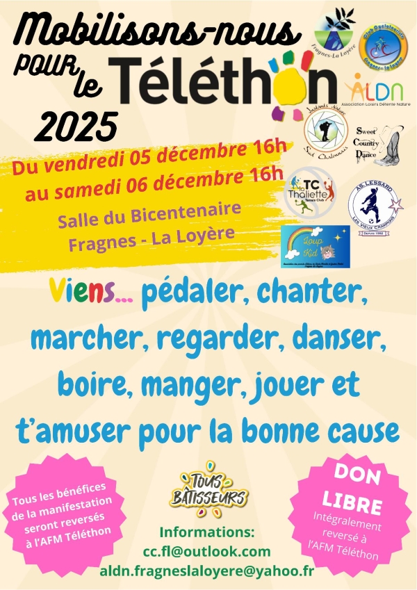 Fragnes La Loyère, Mobilisons nous pour le Téléthon 2025 vendredi 5 et samedi 6 décembre  salle du Bicentenaire.