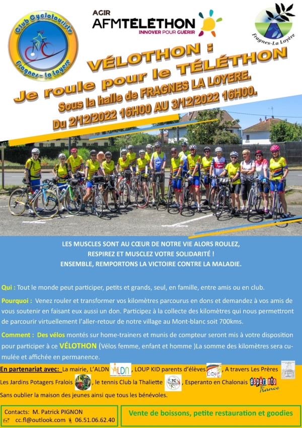 Vélothon : Je roule pour le Téléthon sous la halle de Fragnes la Loyère du 2 /12 16h00 au 3/12 16h00