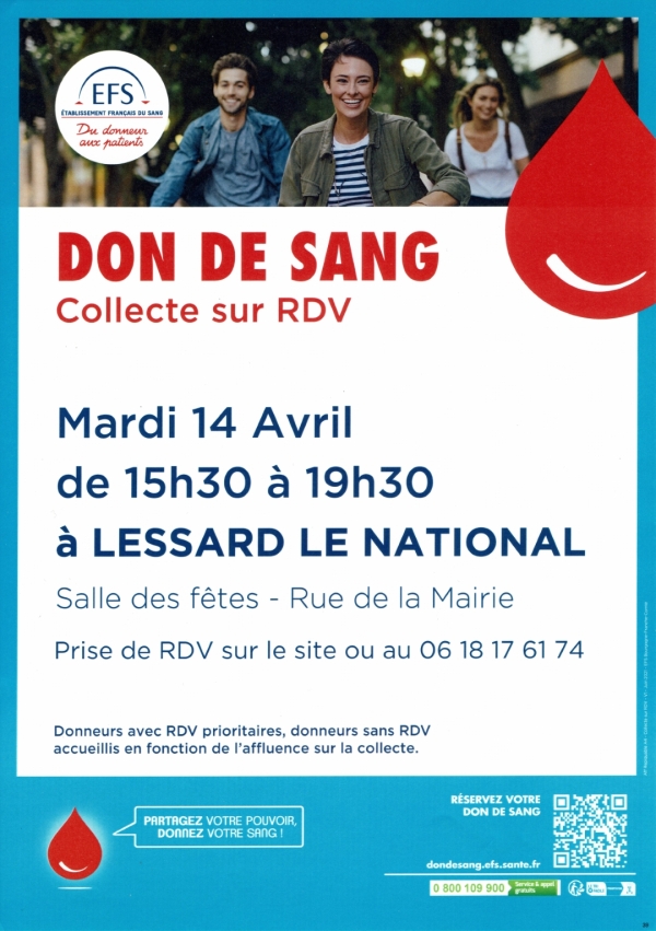 Lessard le National - Collecte de sang mardi 14 avril de 15h30 à 19h30 salle des fêtes.