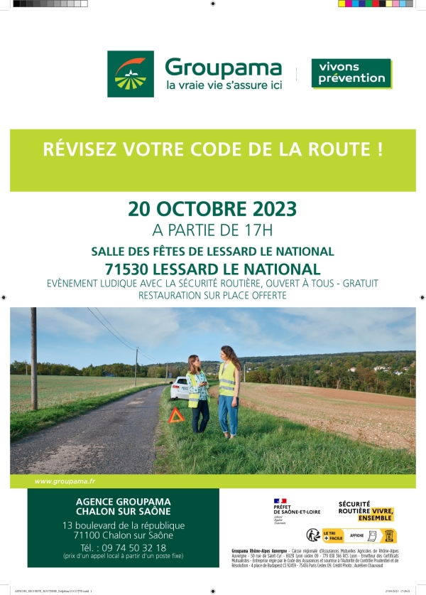 Révisez votre code de la route avec la Sécurité Routière le 20 octobre 2023 à partir de 17h00 salle des fêtes de Lessard le National.