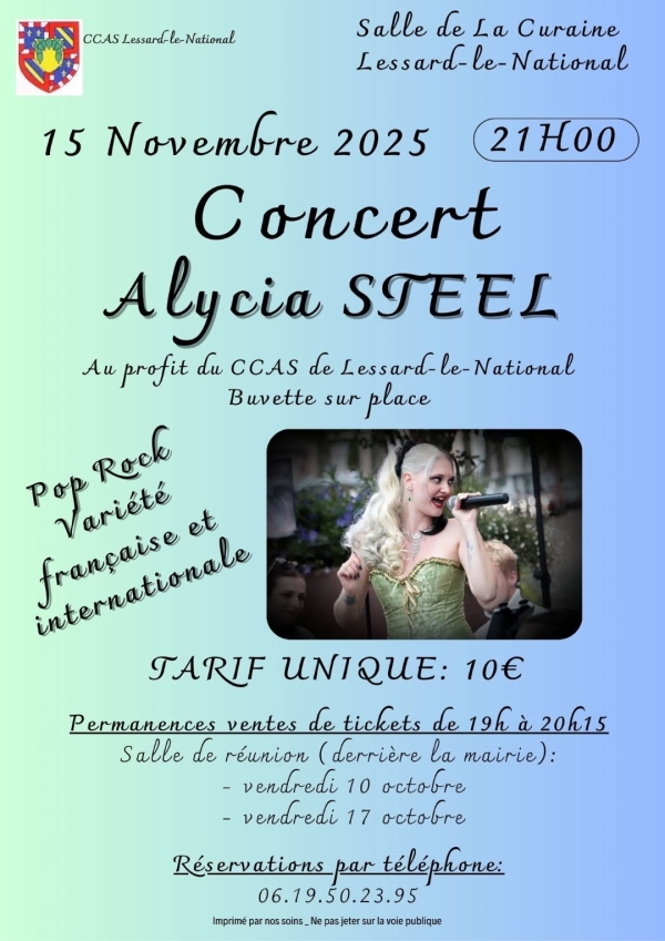 Alexia Steel en concert à la salle de la Curaine à Lessard-le-National Samedi 15 novembre 2025.