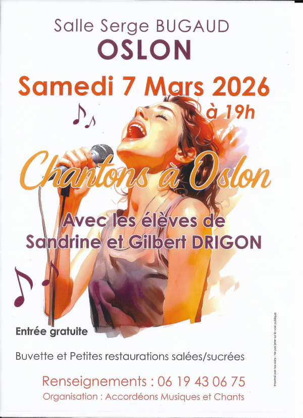 Oslon : « Chantons à Oslon » concert avec les élèves de Sandrine et Gibert Drigon samedi 7 Mars 2026 à 19h00 salle Serge Bugaud.