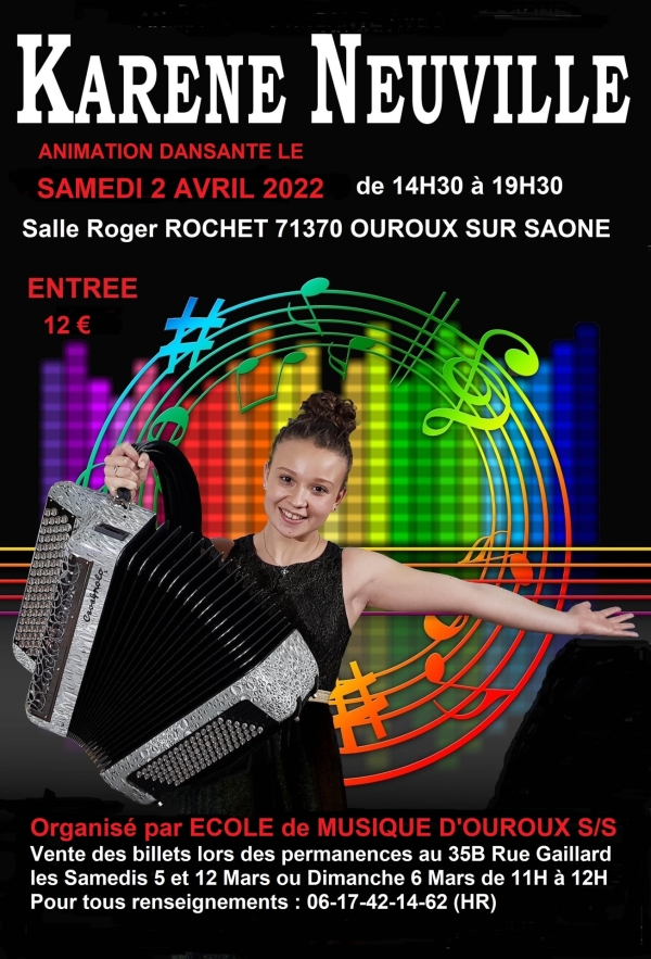 Ça va guincher samedi 2 Avril de 14h30 à 19h30 à la salle Roger Rochet d’Ouroux sur Saône avec Karène Neuville.