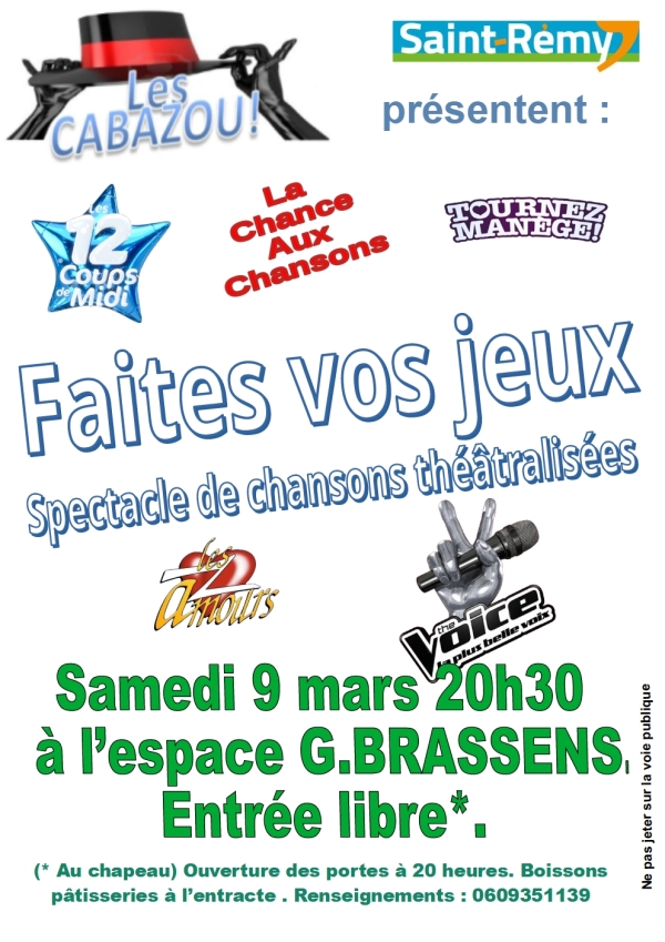 Les CABAZOU! en spectacle de chansons théâtralisées le samedi 9 mars à 20h30 salle Brassens à Saint Rémy.