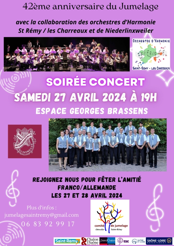 Saint Rémy : 42ème anniversaire du Jumelage avec la collaboration des orchestres d’Harmonie St Rémy / les Charreaux et de Niederlinxweiler, concert le 27 avril à 19h00 Espace Georges Brassens.