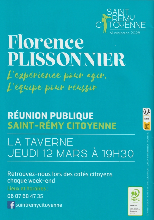 MUNICIPALES  2026 - St REMY -"Saint Rémy Citoyenne" - Réunion publique jeudi 12 mars à 19h30 à la taverne